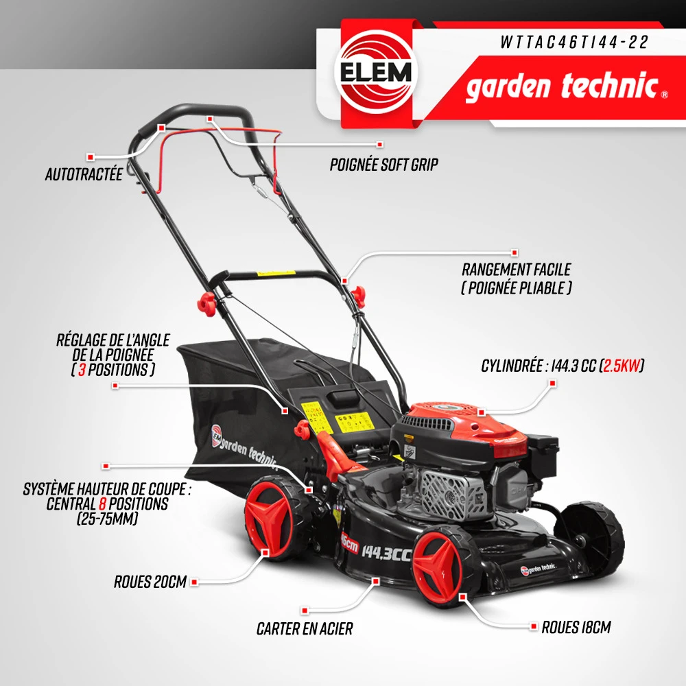 Tondeuse Thermique Autotractée 144.3cc - Largeur De Coupe 46cm - Elem Garden 3 Tondeuse Thermique Autotractée 144.3cc - Largeur De Coupe 46cm - Elem Garden – Image 2